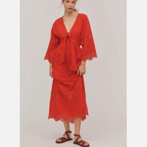 Farm Rio x Anthropologie V-Neck Tie-Front Midi Dress Red Maxi Linen Size S NWT